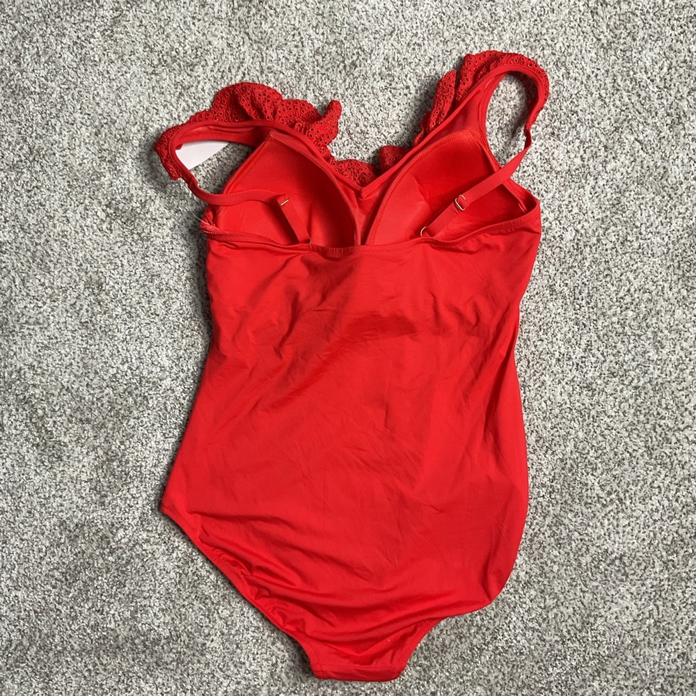 Draper James Ruffle V-Neck Floral One Piece Swimsuit Orange Sz 14 Beach Summer - Picture 8 of 10
